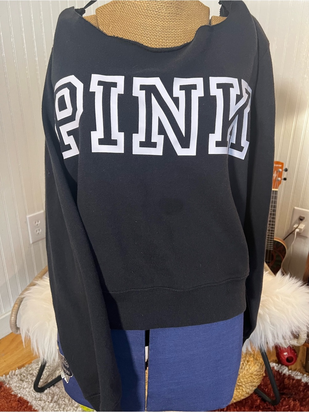 PINK by Victoria's Secret Black Off-the-Shoulder Sweatshirt with White Logo